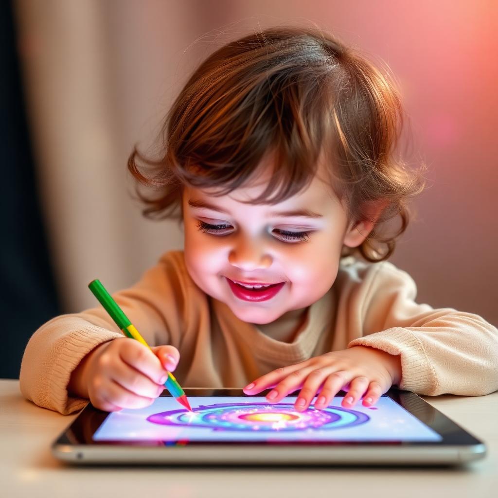 Criança feliz colorindo no tablet